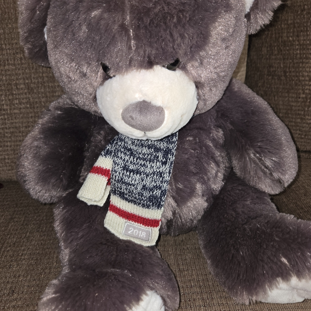 Cozy Gray Teddy Bear with Knit Scarf